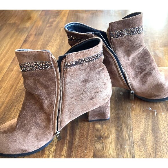 Brown Boots Womens Size 10 Suede & Glitter Ankle Boots Side Zipper & Chunky Heel - Picture 10 of 13